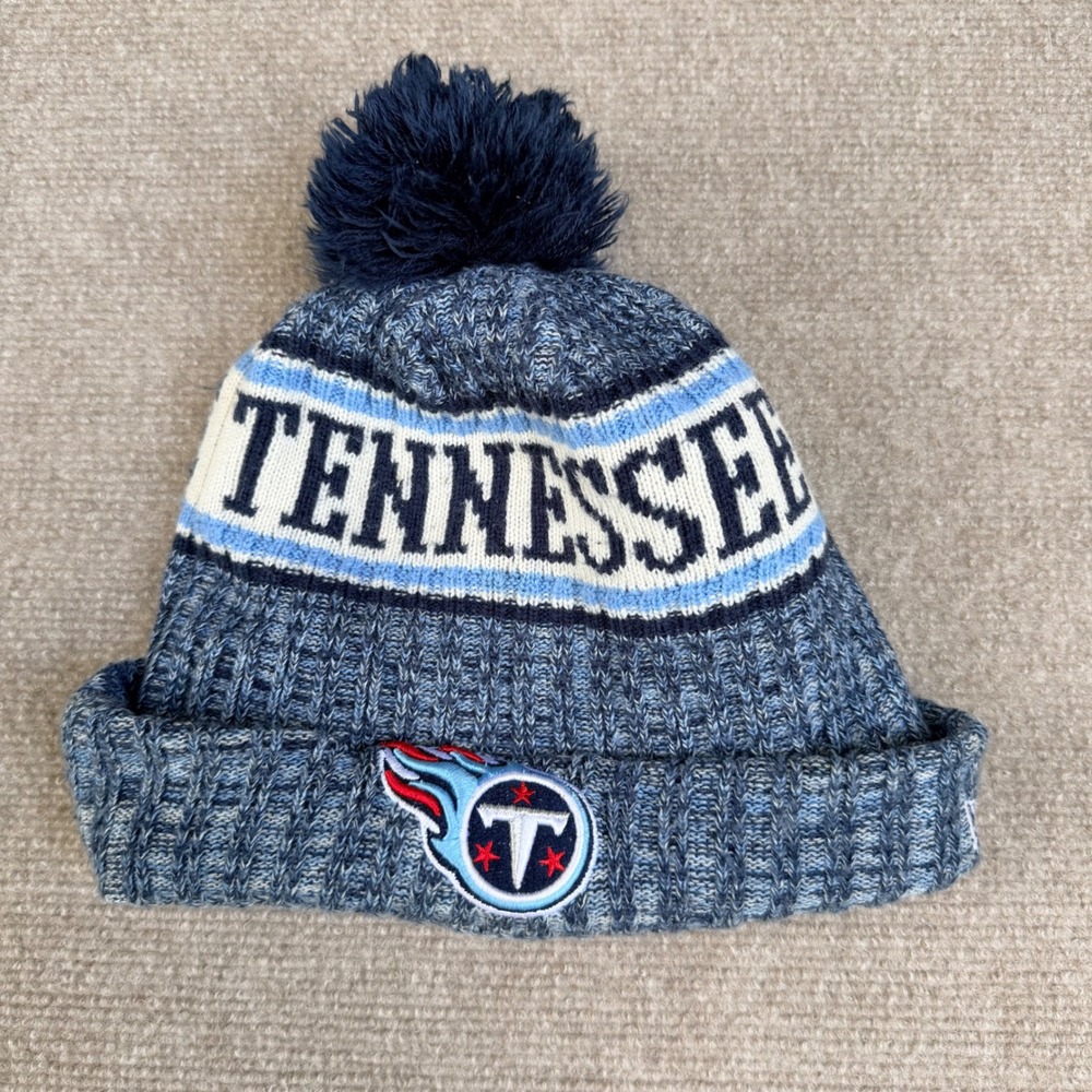 New Era Tennessee Titans Youth Knit Beanie Hat Blue White NFL Pom Fleece Lined